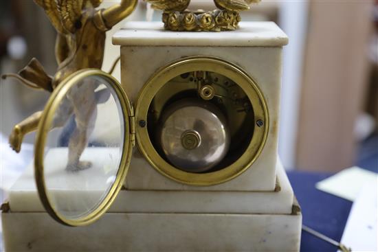 A 19th century French ormolu and white marble mantel clock, H.9in.